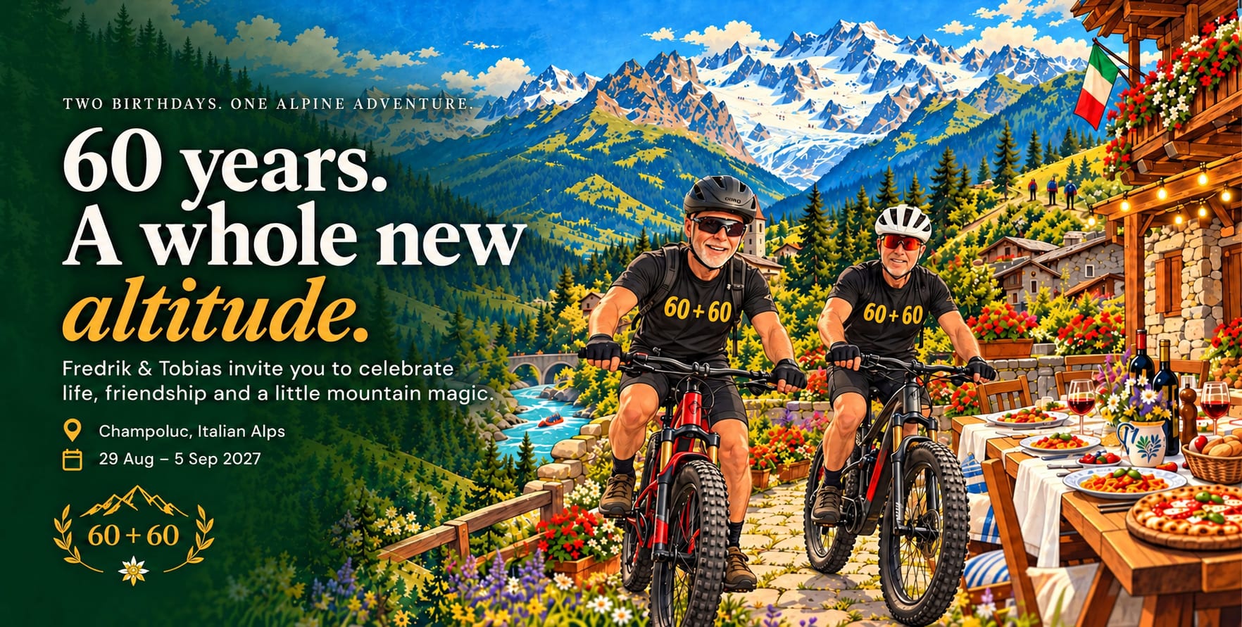 Fredrik and Tobias cycling in the Italian Alps. 60 years. A whole new altitude.